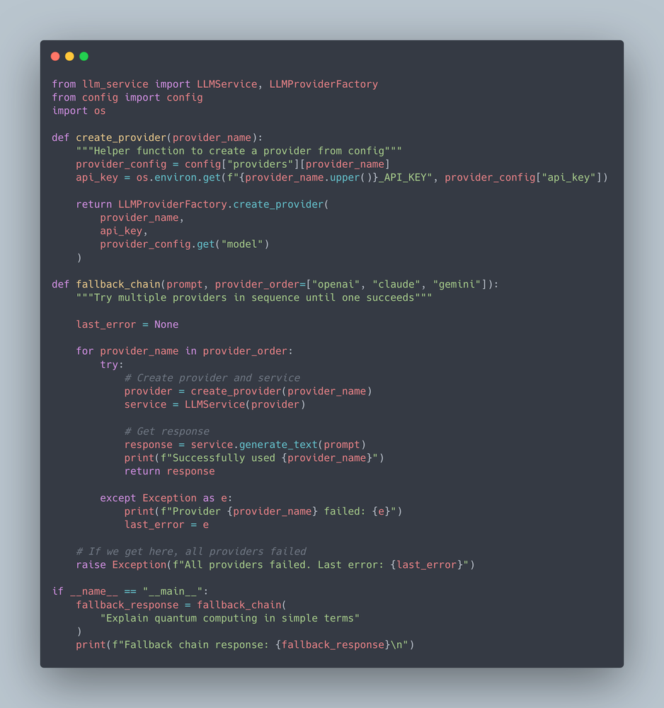 Fallback chain architecture where requests move to another LLM provider if the primary one fails