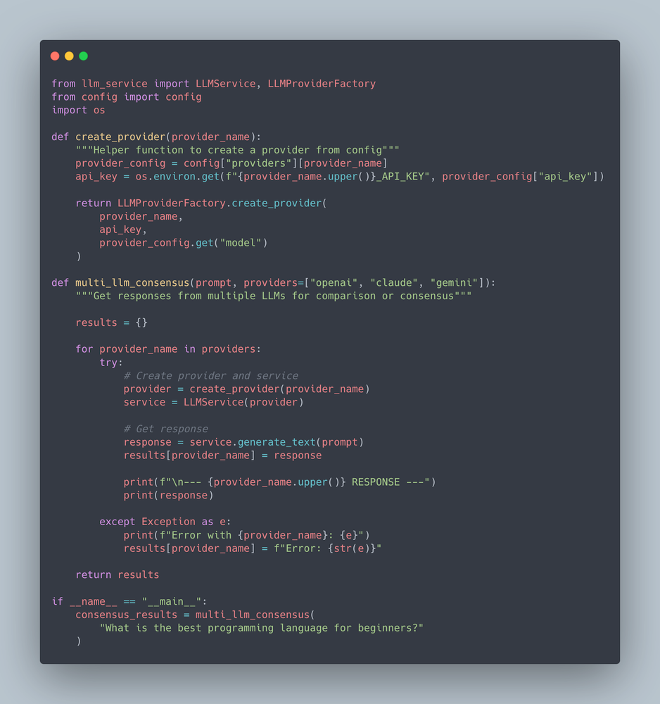 Multi-LLM consensus pattern combining responses from several AI providers to produce a final answer