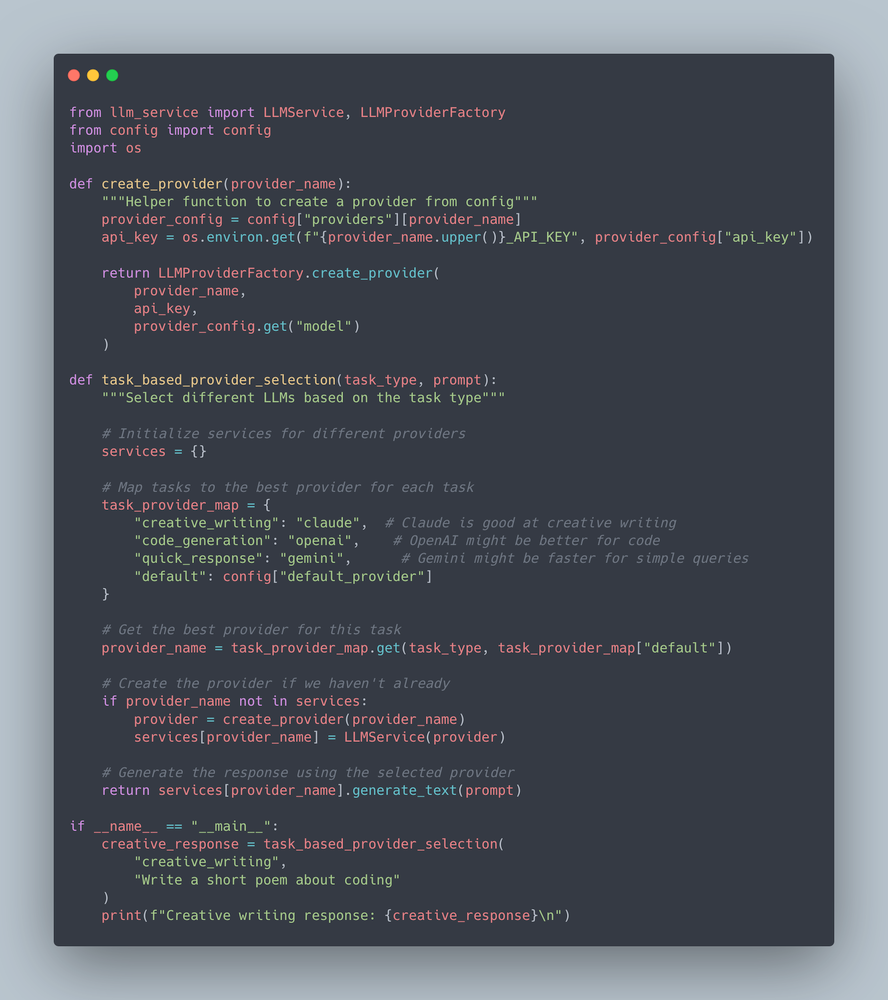 Task-based LLM selection where different AI providers are chosen based on the type of task