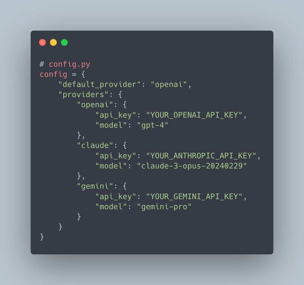 Configuration-based LLM selection using a settings file to switch providers without changing application code