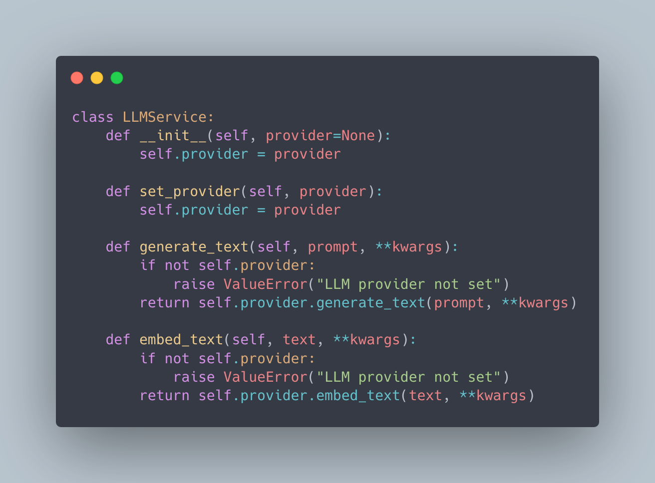 Architecture diagram showing swappable LLM provider pattern with common interface