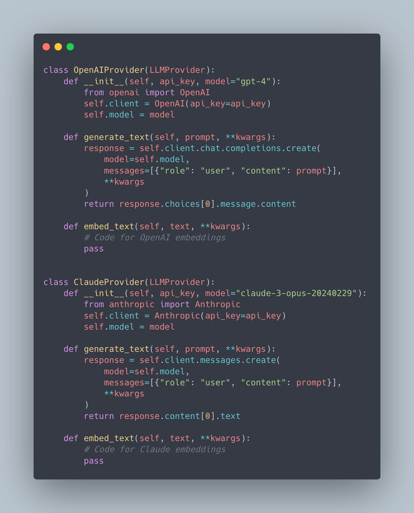Diagram showing multiple LLM provider implementations (OpenAI, Anthropic, Google) conforming to a shared interface