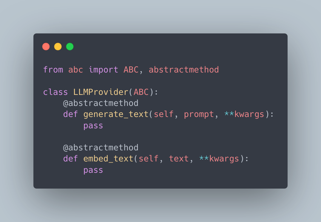 Diagram of a shared LLM interface defining a common contract for multiple AI providers