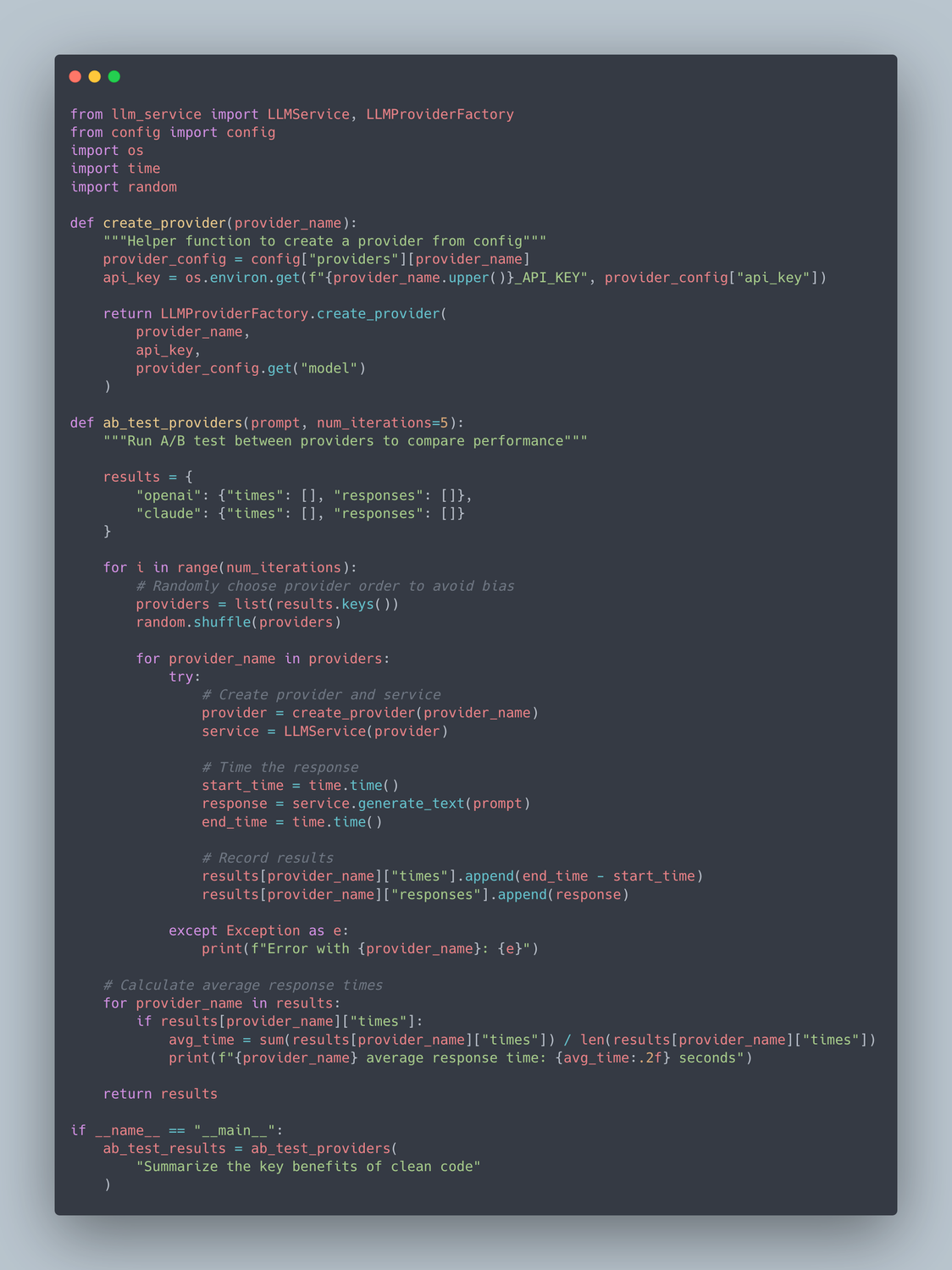 A/B testing setup comparing responses from different LLM providers to evaluate quality and performance